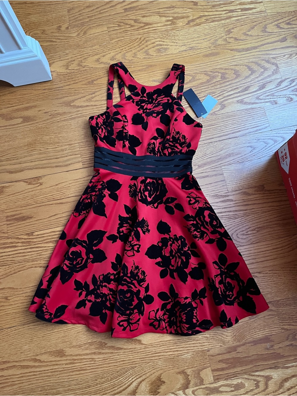 Red and Black Floral Fit-and-Flare Dress